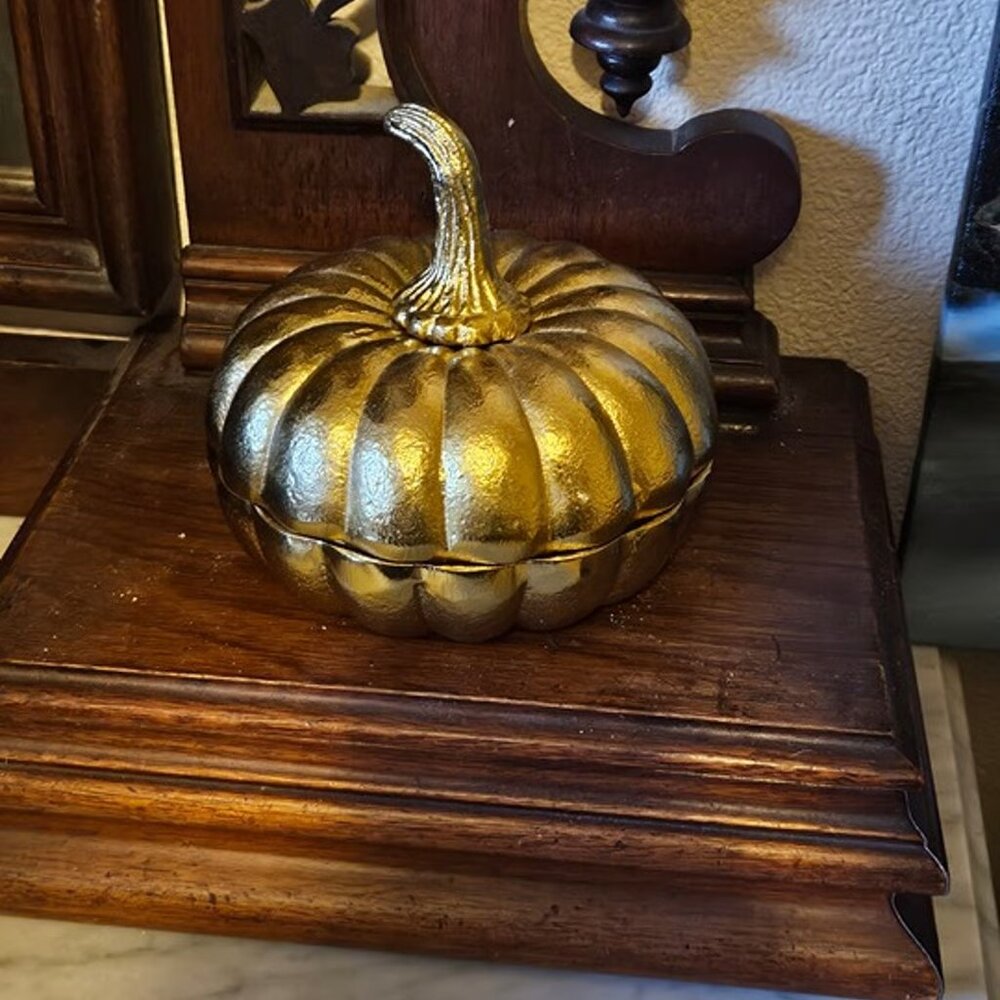 Gold Metal Pumpkin Fall Autumn Trinket Box Tabletop Decor
